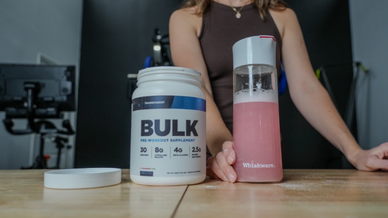 Tester showing a bottle of Transparent Labs Bulk mixed in blender bottle.